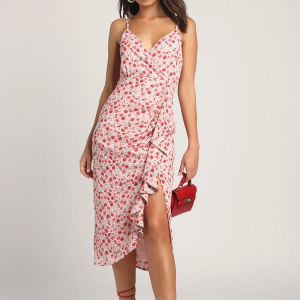LULUS Reason for Romance Pink Floral Print Ruffled Midi Dress Size Medium